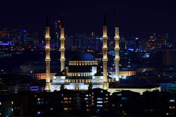 Ankara Kocatepe Camii mosque and moon night view with long exposure	