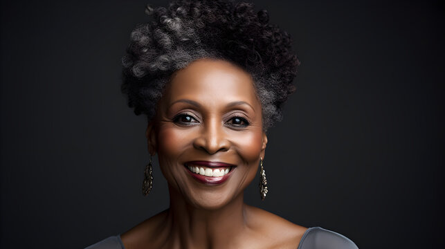 Close up portrait of a beautiful smiling black African-American woman of her 50s mid age on black background. Healthy face skin care beauty, skincare cosmetics, dental