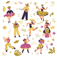 Brazilian Festival with People Dancing and Playing Musical Instrument Vector Set