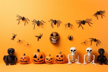 Skeletons, spider, bat, pumpkin isolated on orange