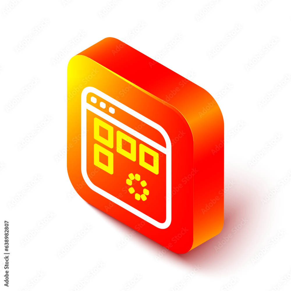 Poster isometric line loading a data window with a progress bar icon isolated on white background. orange s