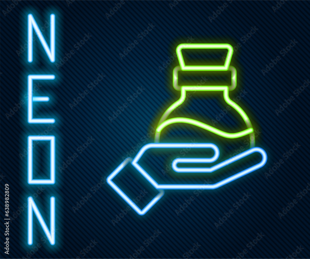 Poster glowing neon line bottle with potion icon isolated on black background. flask with magic potion. hap