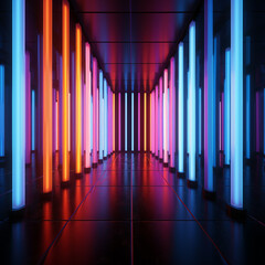 Neon dark stage shows empty room: neon light, spotlights, dark blue, purple, pink background - dance floor for product display in studio, backdrop for photo shooting. Generative AI.