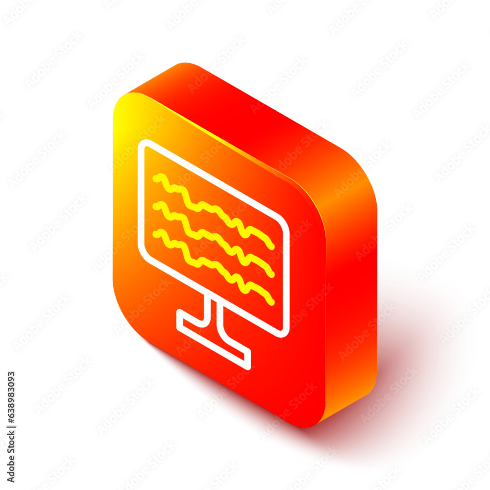 Poster isometric line encephalogram icon isolated on white background. electrical activity. orange square b