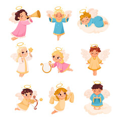 Cute Children Angels with Wings and Nimbus Vector Set