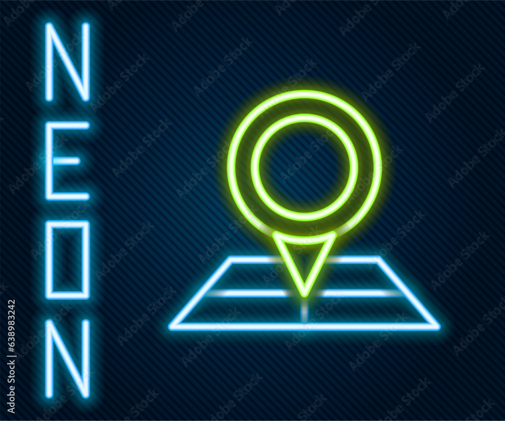 Poster glowing neon line folded map with location marker icon isolated on black background. colorful outlin