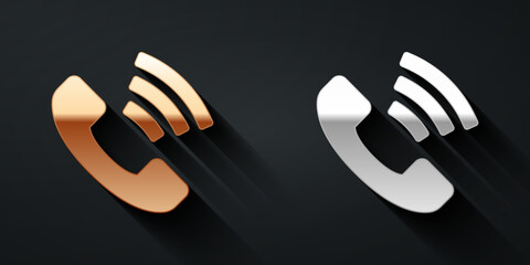 Gold and silver Telephone 24 hours support icon isolated on black background. All-day customer support call-center. Full time call services. Long shadow style. Vector