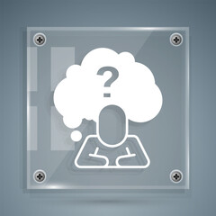 White Human head with question mark icon isolated on grey background. Square glass panels. Vector
