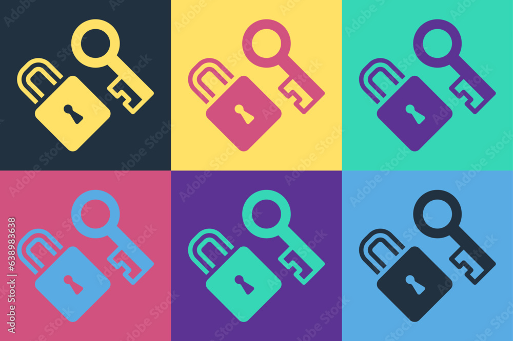 Poster pop art lock with key icon isolated on color background. love symbol and keyhole sign. vector