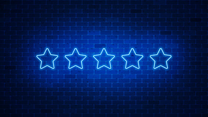 5 star neon sign. Glowing five stars rating icon. Vector illustration