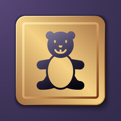 Purple Teddy bear plush toy icon isolated on purple background. Gold square button. Vector