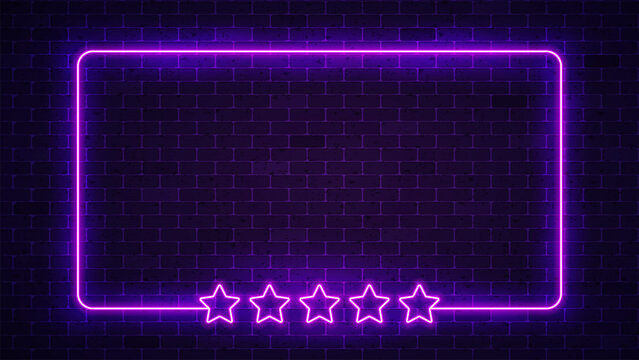 Five stars neon frame. Glowing decoration frame. Vector illustration