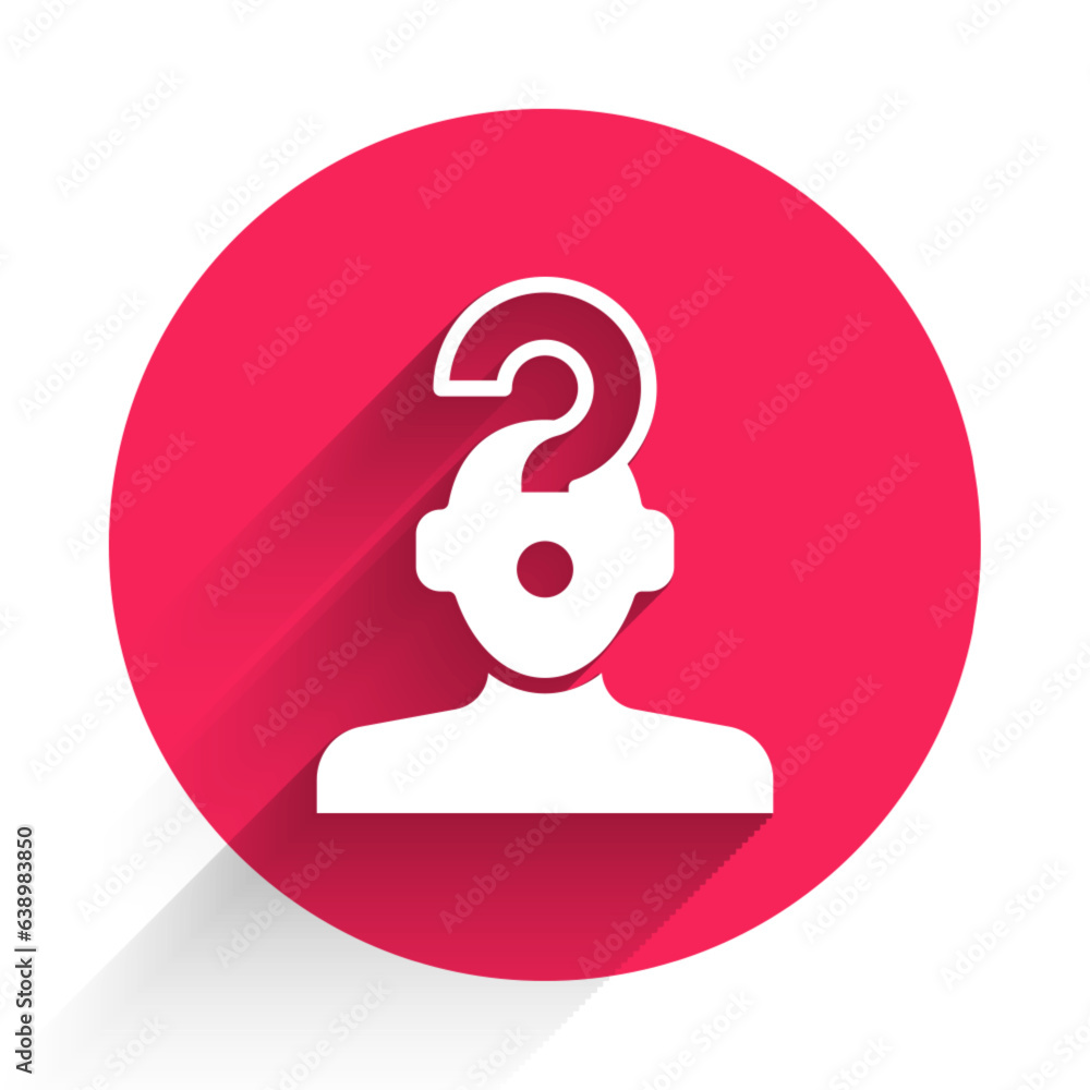 Poster white human head with question mark icon isolated with long shadow background. red circle button. ve