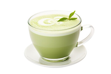 Hot Green tea Match with latte art foam isolated on clean png background, beverage for freshness.