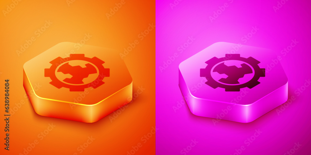 Poster isometric globe of the earth and gear or cog icon isolated on orange and pink background. setting pa