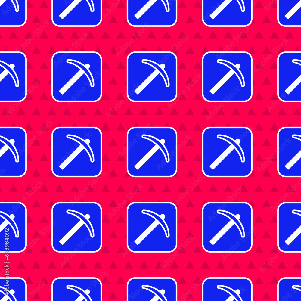 Poster blue pickaxe icon isolated seamless pattern on red background. vector