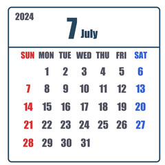 2024年7月のシンプルなカレンダー
