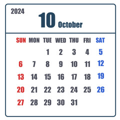 2024年10月のシンプルなカレンダー