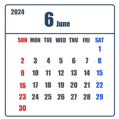 2024年6月のシンプルなカレンダー
