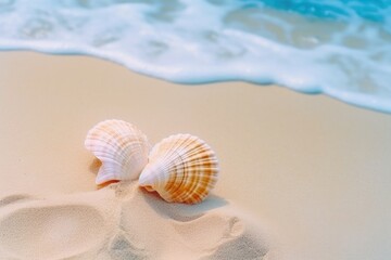 Fototapeta na wymiar Travel vacation concept. Sea shells on sand