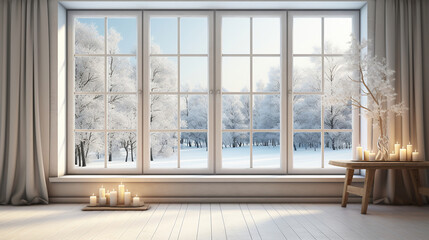 Window view of a wintery scene in a white, empty room. Scandinavian style in decorating. Generative AI
