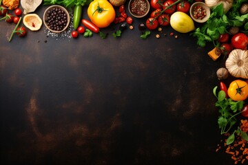 Food theme banner or poster design with vegetables and ingredients on the border and copy space in the middle