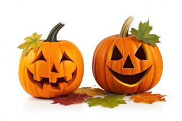 Two halloween pumpkin face with autumn leaves isolated