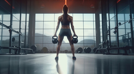 A girl in shorts is doing a workout with an iron kettlebell. A sporty woman with dark hair is squatting with a kettlebell in a gym. Generative AI - obrazy, fototapety, plakaty