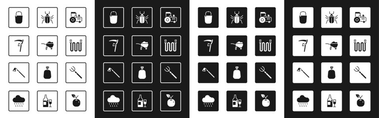 Set Tractor, Wheelbarrow with dirt, Scythe, Bucket, Garden hose, Insect fly, pitchfork and hoe icon. Vector