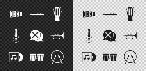Set Xylophone, Drum and drum sticks, Guitar, Vinyl disk, and icon. Vector