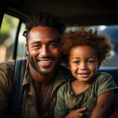 Pai e filho juntos feliz no carro - obrazy, fototapety, plakaty