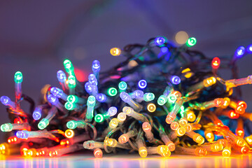LED string lights. Party holiday christmas decoration lights. Close up christmas LED lighting