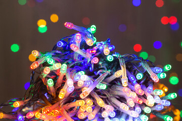 LED string lights. Party holiday christmas decoration lights. Close up christmas LED lighting