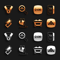 Set Molten gold being poured, Gold bars 24k, Mine cart with, medal and icon. Vector