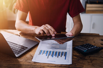 Business Man Financial Inspector and Secretary Making Report, Calculating or Checking Balance. Internal Revenue Service Inspector Checking Document Audit Concept