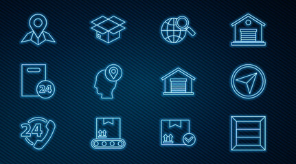 Set line Wooden box, Infographic of city map navigation, Magnifying glass with globe, Delivery man cardboard boxes, Placeholder paper, Warehouse and Carton icon. Vector
