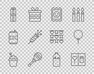 Set line Cake, Greeting card, LSD acid mark, Maracas, Gift box, Firework rocket, Mulled wine and Balloon with ribbon icon. Vector