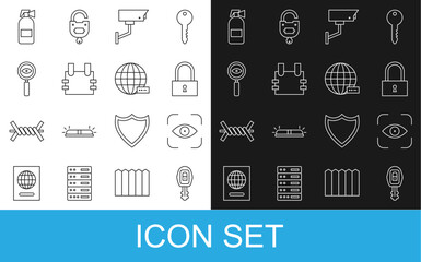 Set line Car key with remote, Eye scan, Lock, Security camera, Bulletproof vest, Magnifying glass Search, Fire extinguisher and Social network icon. Vector