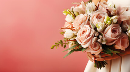 Beautiful wedding bouquet in bride's hands. Pink background. Generative AI