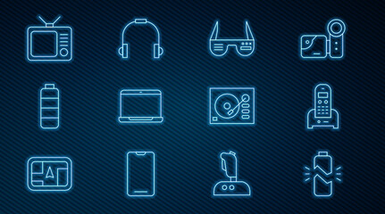 Set line Broken battery, Telephone, Smart glasses, Laptop, Battery charge level indicator, Retro tv, Vinyl player and Headphones icon. Vector