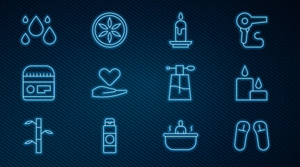 Set line Slipper, Burning candle, Heart on hand, Cream or lotion cosmetic tube, Water drop, Perfume and Leaf plant nature icon. Vector