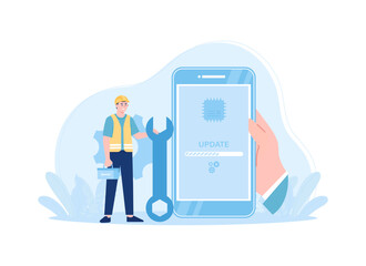 man is updating device software concept flat illustration