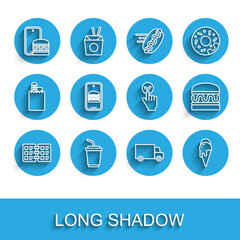 Fototapeta premium Set line Restaurant cafe menu, Paper glass with water, Online ordering and delivery, Fast by car, Ice cream, Burger and icon. Vector