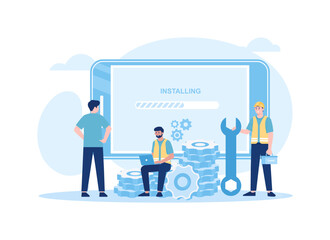 the people are working on installing on the computer concept flat ilustration