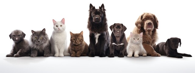 Group of dogs and cats sitting in front of a white background.
