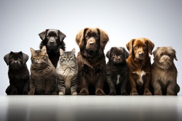 Group of dogs and cats sitting in front of a white background.