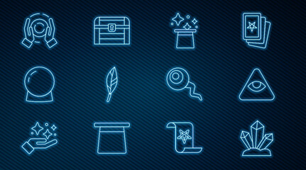 Set line Magic stone, Masons, hat, feather, ball, hand, Eye and Antique treasure chest icon. Vector