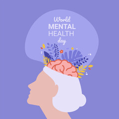 World mental health day. Mental health concept. Growing flowers from a girl's head. Female brain and tropical leaves in the head of a young woman isolated on a lilac background