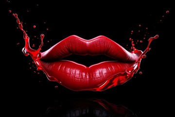 Red lips isolated on black background - illustration of woman's lipstick - obrazy, fototapety, plakaty
