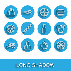 Set line Bicycle, seat, Award over sports winner podium, Stopwatch, wheel, chain, Cycling t-shirt and fork icon. Vector